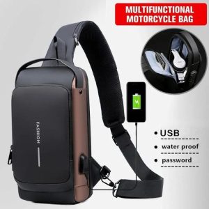 Sac de poitrine imperméable avec poches multiples et port USB pour la recharge, idéal pour toutes les occasions.